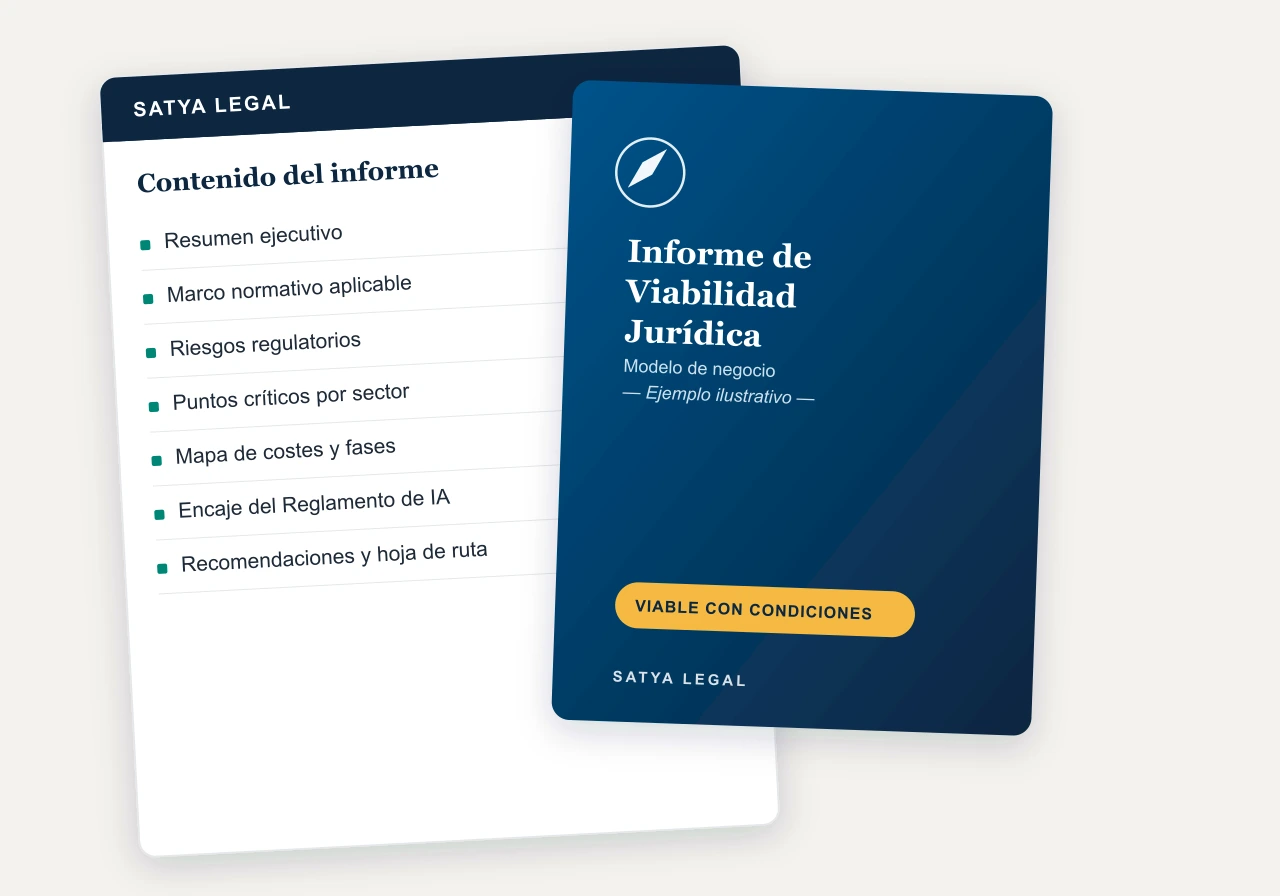 Vista previa ilustrativa del informe de viabilidad jurídica: portada con el veredicto y contenido con las secciones del análisis
